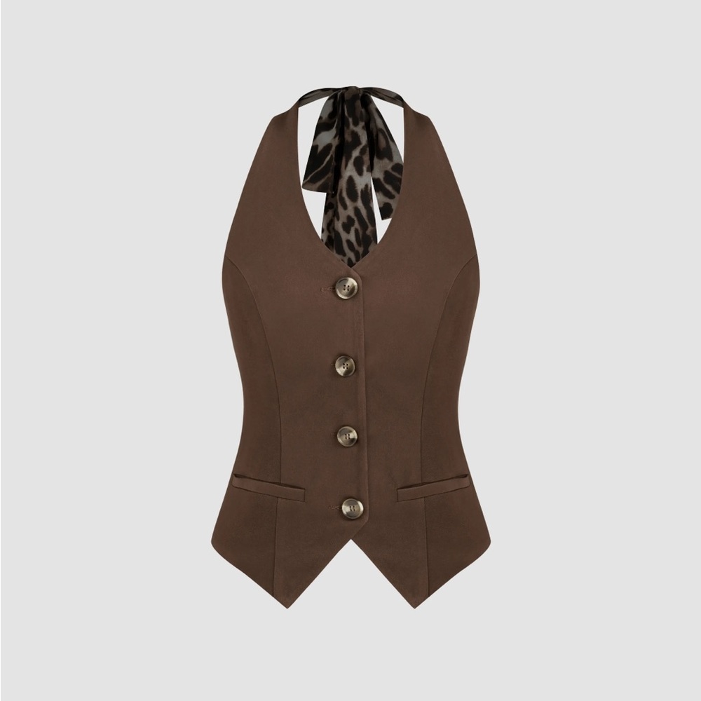 Chic Brown Halter Vest with Leopard Tie